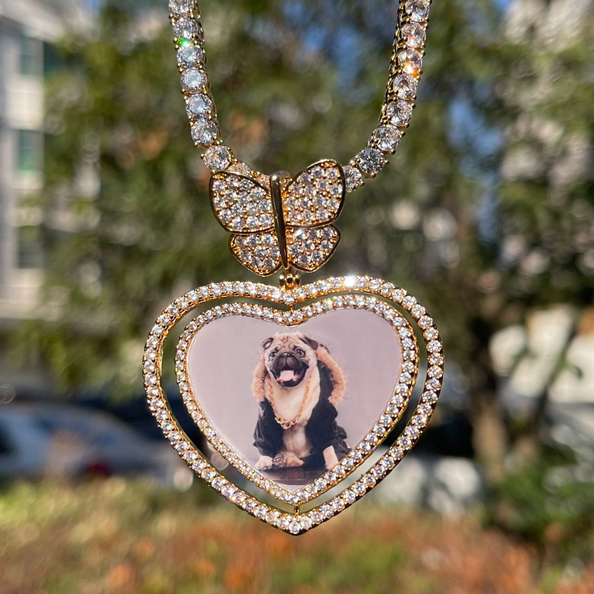 Iced Out Rotating Heart & Butterfly Bail Photo Medallion Necklace - Queendom Treasurez 