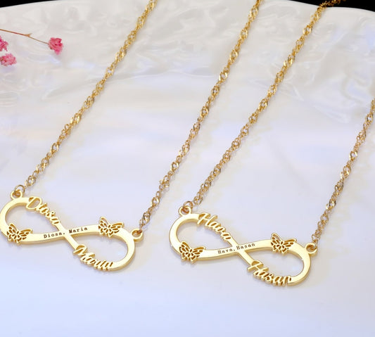 Custom name infinity butterfly necklace with water wave chain, personalized engraving in gold or silver – Queendom Treasurez.