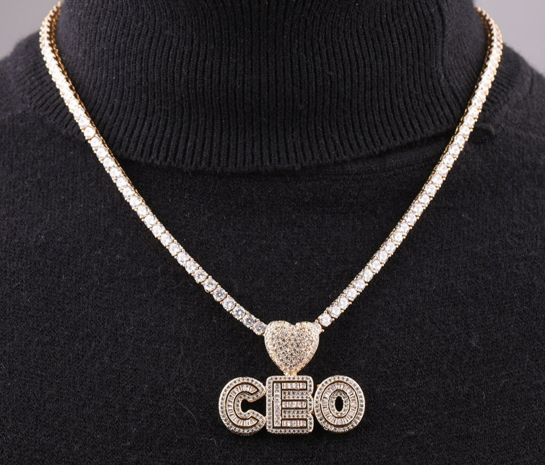 Custom Small Baguette Name Necklace w/ Heart Bail Charm - Queendom Treasurez 