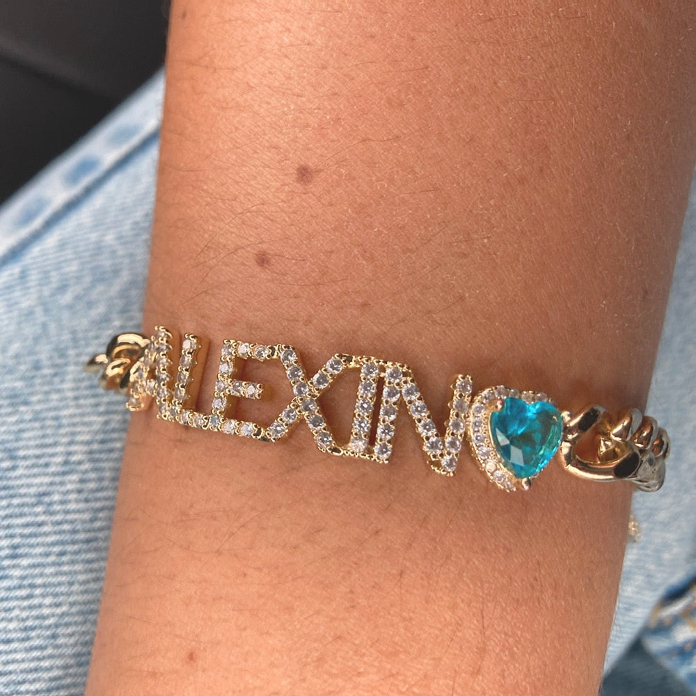 Crystal Custom Name Cuban Bracelet w/ Birthstone Heart - Queendom Treasurez 