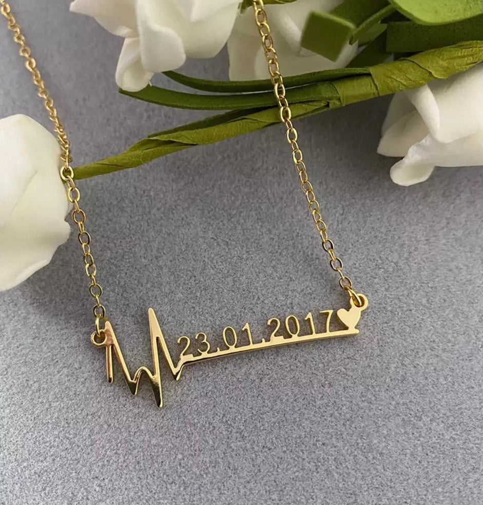 Custom heart beat necklace with heartbeat line and personalized heart charm – Queendom Treasurez.