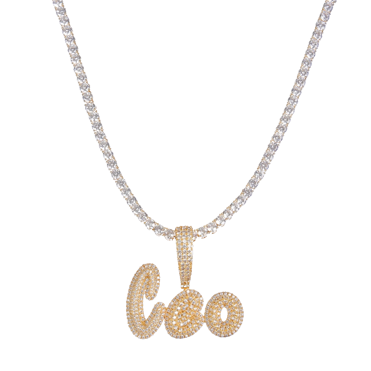 Iced-out custom bubble cursive name necklace with personalized engraving and sparkling stones – Queendom Treasurez.