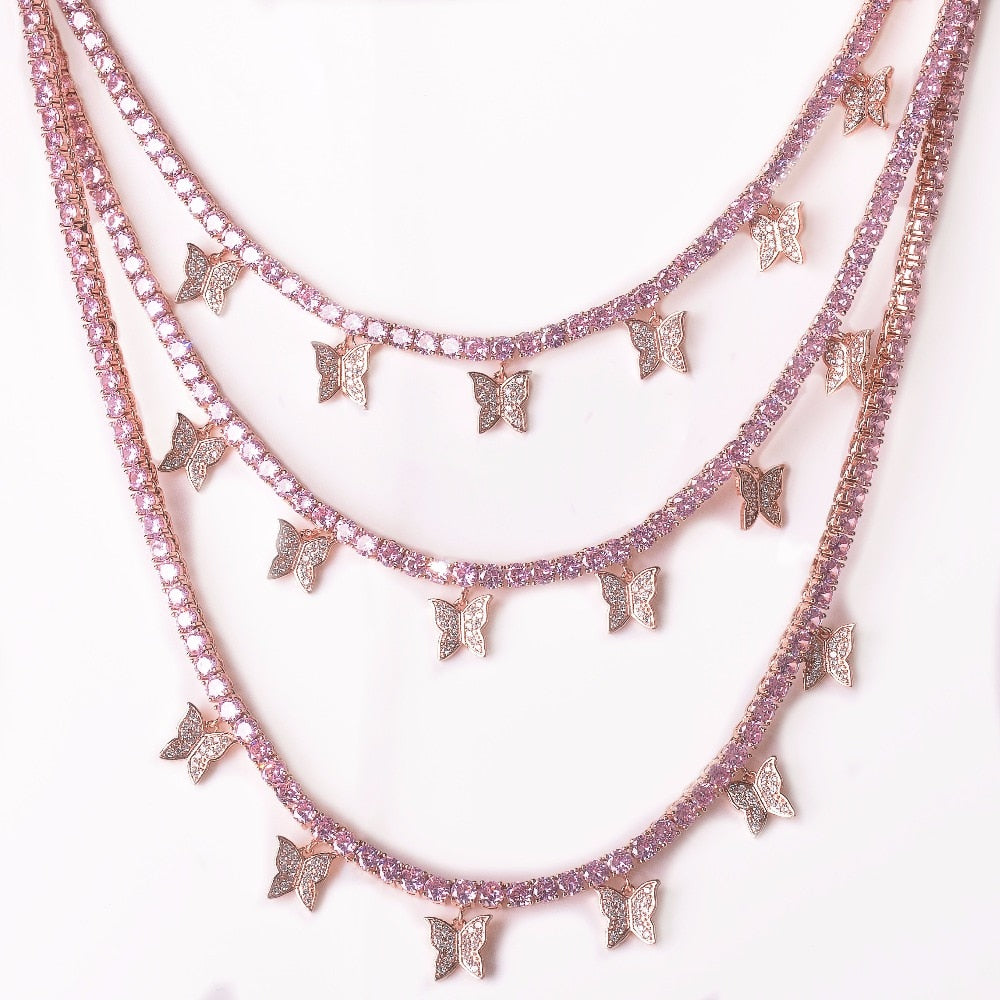 Pink Butterfly Tennis Chain Necklace - Queendom Treasurez 