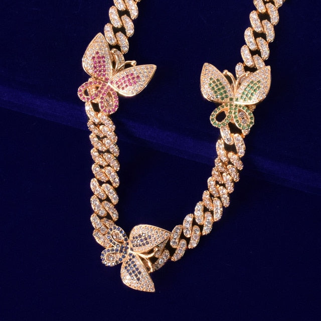 Colorful 24k Gold/Silver Plated Butterfly Cuban Necklace - Queendom Treasurez 