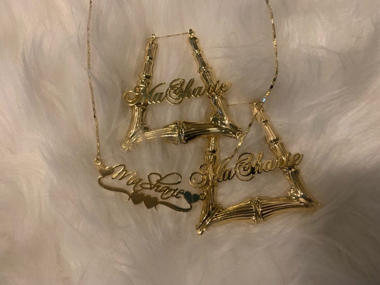 Custom Name Triangle Bamboo Earrings & Necklace Set - Queendom Treasurez 