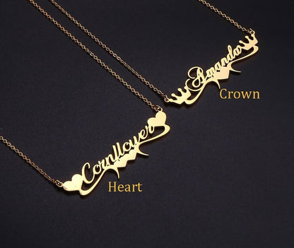 name necklace with heart, name necklace with crown, gold plated name necklace, name necklace for children, name necklace that can get wet, silver namplate, rosegold nameplate, customize font for name necklace, buy name necklace here, 