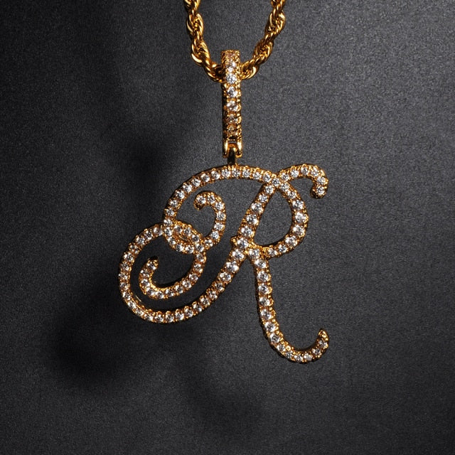 Gold Crystal Cursive Letter Pendant Necklace - Queendom Treasurez 