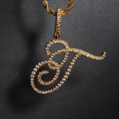 Gold Crystal Cursive Letter Pendant Necklace - Queendom Treasurez 