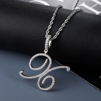 Silver Crystal Cursive Letter Pendant Necklace - Queendom Treasurez 