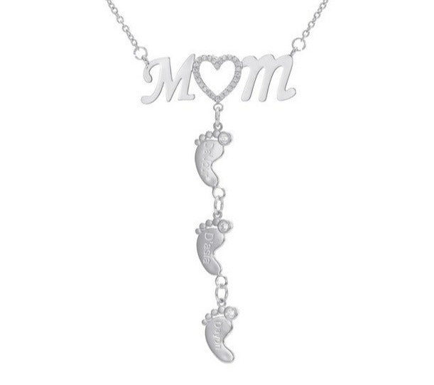 MOM Crystal Heart And Baby Feet Custom Name Necklace - Queendom Treasurez 
