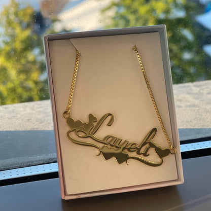 name necklace with heart, name necklace with crown, gold plated name necklace, name necklace for children, name necklace that can get wet, silver namplate, rosegold nameplate, customize font for name necklace, buy name necklace here, 