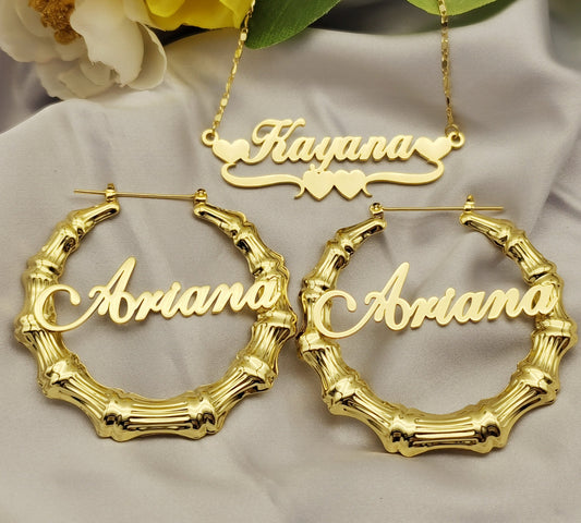 Custom Name Bamboo Earrings & Necklace Set - Queendom Treasurez 