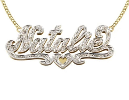 Double-plated crystal custom name necklace with personalized engraving and crystal accents, gold or silver finish – Queendom Treasurez.






